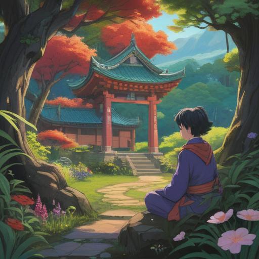 A serene illustration depicting Prince Shotoku surrounded by lush gardens, emphasizing his teachings, children engaging in traditional activities, harmonious interactions, symbols of compassion and kindness, a gentle teacher guiding young minds, sunlit ambiance, rich cultural elements, 4k