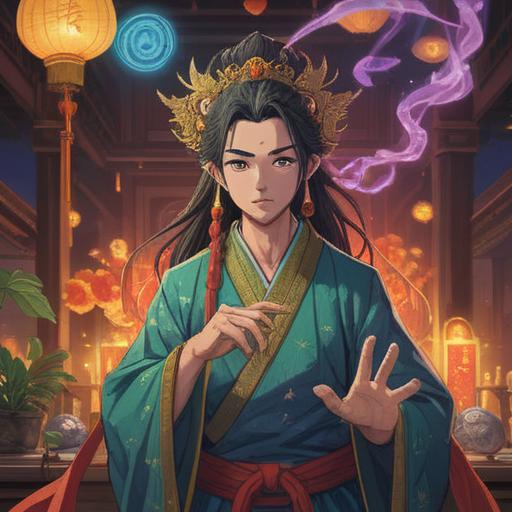 A serene spiritual scene featuring the deity Sei Ten, glowing aura, surrounded by ethereal light, symbols of good fortune and blessings, lush green landscape, peaceful atmosphere, celestial elements, intricate details, harmonious colors, uplifting and inspiring, 4k