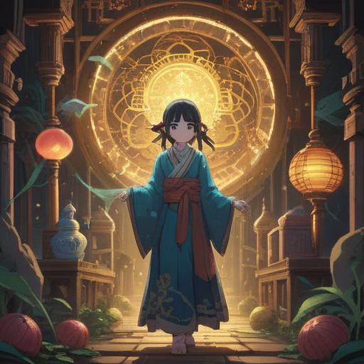 A serene and mystical illustration of Seiten-sama, surrounded by glowing spiritual symbols, ethereal light emanating from the figure, lush natural setting with rich greenery, gentle flowing water, soft wisps of mist, intricate details in the clothing and surroundings, peaceful atmosphere, 4k