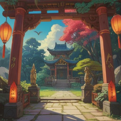 A serene scene depicting a sacred place, vibrant colors, intricate details of a shrine, lucky items such as talismans and charms, a gentle breeze causing foliage to sway, soft sunlight filtering through tree branches, peaceful atmosphere, elements symbolizing fortune and protection, harmonious composition, 4k