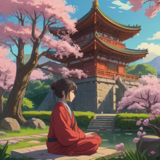 A peaceful scene of a serene temple garden, a gentle breeze rustling through cherry blossom trees, a person meditating in front of a statue of the deity, soft sunlight filtering through the leaves, an ambiance of tranquility and spiritual connection, rich greenery, vibrant flowers, a sense of deep inner peace, 4k