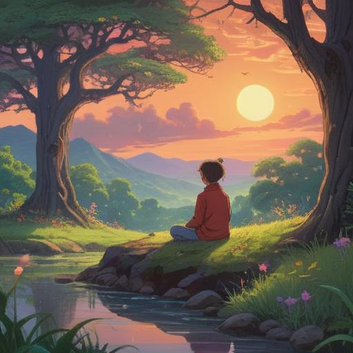 A serene and introspective scene depicting spiritual symbols representing positivity, ethereal light illuminating a tranquil landscape, a figure meditating under a tree, harmonious energy flow around them, colorful aura radiating, clouds parting to reveal a bright sky, gentle ripples in a nearby stream, soft whispers of nature, 4k