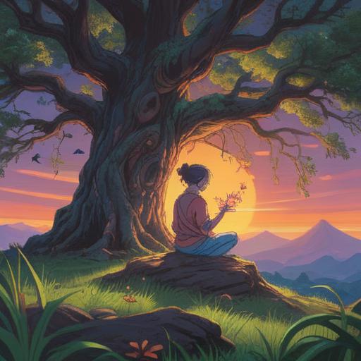 A thought-provoking illustration of a serene landscape, featuring a contemplative figure meditating under a large, ancient tree, subtle spiritual symbols in the air, a gentle aura surrounding the figure, soft light filtering through the leaves, reflections of inner thoughts in calm water, intricate details of nature, harmonious atmosphere, exploring the connection between psychology and spirituality, 4k