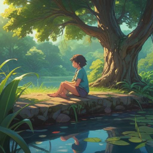 A serene landscape depicting a person sitting under a large tree, surrounded by gentle sunlight filtering through the leaves, soft flowing water nearby, symbols of tranquility and healing, ethereal light surrounding the figure, a sense of hope and renewal, calming colors, peaceful atmosphere, nature as a source of spiritual comfort, 4k