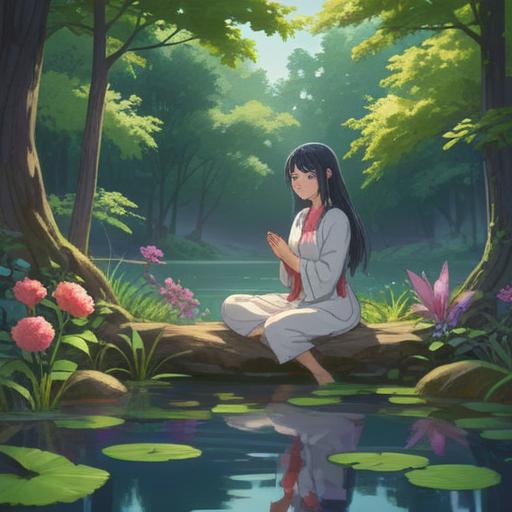 A serene landscape illustration, tranquil nature scene, a peaceful person practicing meditation by a calm lake, surrounded by lush greenery and gentle flowers, soft sunlight filtering through trees, reflecting a sense of inner peace and mindfulness, harmonious colors, soothing atmosphere, 4k