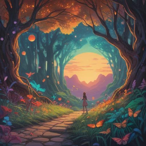 A vibrant, surreal landscape depicting the spiritual realm, ethereal lights illuminating various paths, symbols of guidance such as butterflies and glowing orbs, tranquil water reflecting the sky, lush greenery symbolizing growth and harmony, peaceful creatures representing wisdom and insight, visual metaphors of serenity and enlightenment, dreamlike atmosphere, 4k