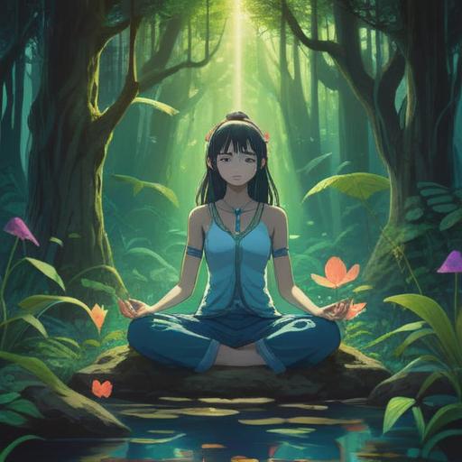A tranquil scene depicting spiritual signs in the mental realm, ethereal light illuminating symbols of awareness, a serene figure meditating in a lush, vibrant forest, soft wisps of energy swirling around, mystical creatures watching over, harmonious colors blending together, intricate patterns representing mindfulness, 4k