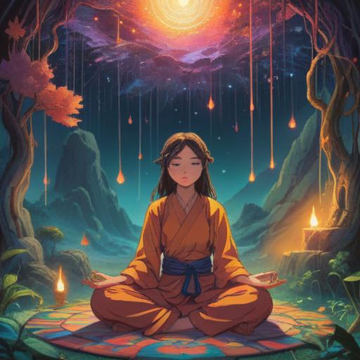 A serene and ethereal scene depicting a person in meditation, surrounded by a soft glow, vibrant colors, symbolic representations of spiritual energy, harmonious nature elements like flowing water and blooming flowers, an aura of positivity and transformation, deep connection with the universe, 4k