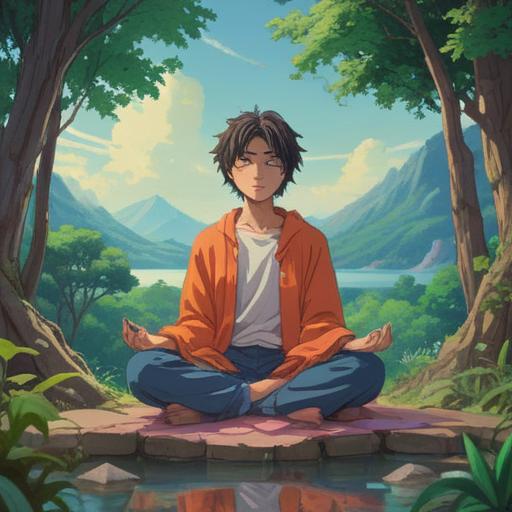 A serene and introspective scene depicting a person meditating in a tranquil environment, surrounded by soft natural elements, symbolizing inner peace and resilience, a gentle breeze flowing through trees, rays of sunlight filtering through leaves, facial expression reflecting calm determination, overcoming emotional barriers, 4k