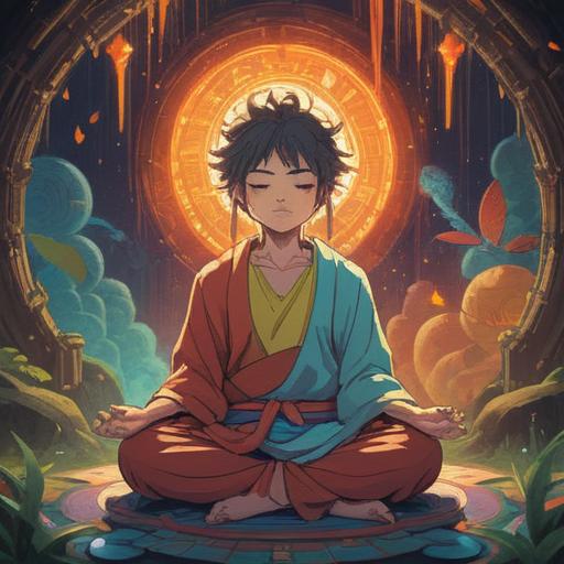 A serene and mystical illustration depicting a person in meditation surrounded by ethereal light, symbolic representations of comfort and tension coexisting, gentle waves of energy flowing around, serene nature in the background, warm and calming colors, a sense of spiritual awakening and understanding, harmonious atmosphere, 4k