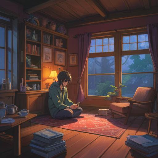 A thoughtful illustration depicting a person sitting quietly in a cozy room, surrounded by soft light, reflecting on their feelings, a comforting cup of tea in hand, various journal pages scattered around, expressing emotions through writing, calming atmosphere, gentle color palette, introspective mood, symbol of self-care and mindfulness, 4k