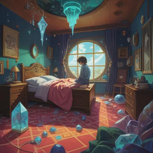 A surreal dreamscape illustration, depicting a person waking up with a sense of hope, surrounded by magical lucky items like a crystal, a four-leaf clover, and a charm bracelet, soft pastel colors, whimsical atmosphere, dreamlike quality, gentle lighting, symbolism of luck and new beginnings, 4k