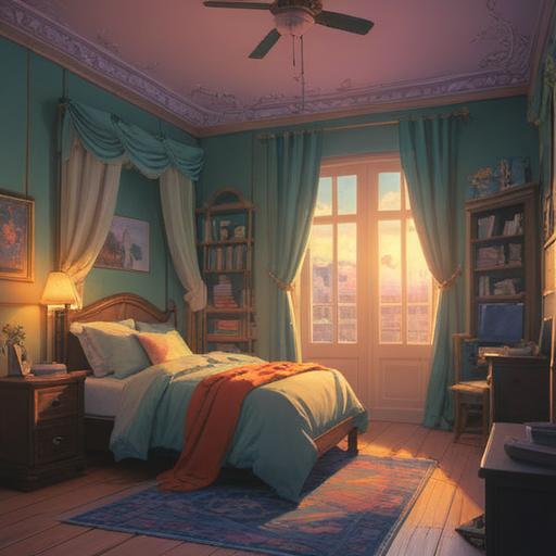 A dreamy illustration of a serene bedroom at dawn, a softly lit room with light filtering through the curtains, a person sitting cross-legged on the bed, meditating peacefully, a gentle aura surrounding them, symbols of energy like glowing orbs around, inspired by nature, plants on the windowsill, a notebook and pen nearby for journaling insights, calming colors creating a tranquil vibe, 4k