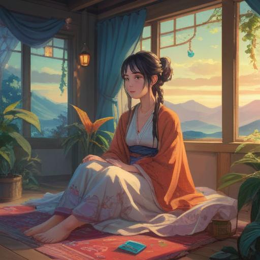A serene and mystical illustration, woman sitting in a tranquil environment, surrounded by soft light, ethereal colors, flowing fabrics, symbolizing peace and introspection, representing delay in menstruation as a time for inner growth, gentle nature elements like flowers and water, harmonious atmosphere, spiritual awakening, 4k
