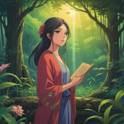 A serene illustration depicting a woman in a peaceful setting, surrounded by nature, symbolizing intuition and inner peace, soft light filtering through leaves, a glowing aura around her, representing spiritual awakening, harmonious balance, 4k