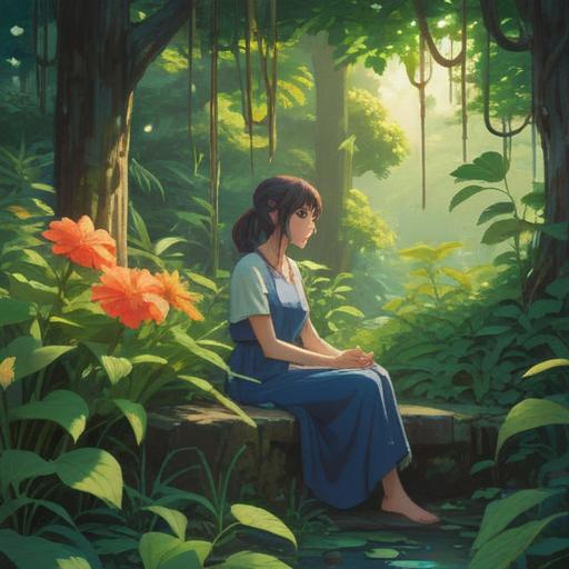 A serene and introspective scene, a woman sitting calmly in a peaceful environment, surrounded by lush greenery and soft sunlight, reflecting her feelings and thoughts, symbolic elements like butterflies and flower petals representing change and transformation, ethereal atmosphere, 4k