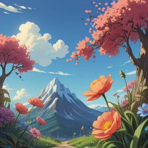 A serene illustration of a blooming flower early in spring, symbolizing new beginnings and personal growth, vibrant colors, a clear blue sky, gentle sunlight illuminating the scene, peaceful garden setting, subtle spiritual elements like soft glows, harmonious and uplifting atmosphere, 4k