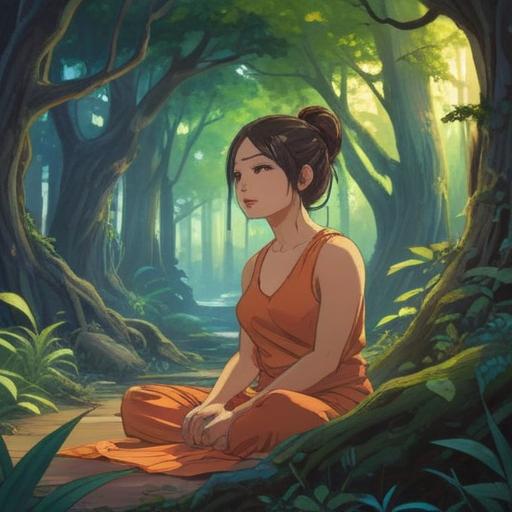 A serene and introspective scene depicting the connection between body and spirit, gentle light filtering through trees, a woman meditating surrounded by nature, subtle symbols of change and intuition, soft colors representing emotions and energy, spiritual signs illustrated as ethereal wisps, a sense of awareness and reflection, 4k