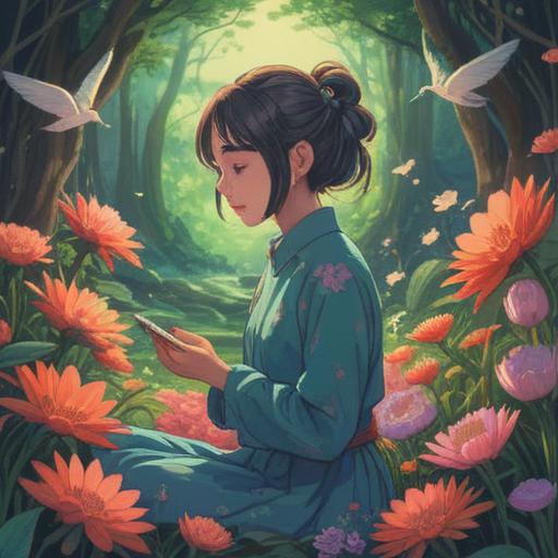 A calming illustration depicting a serene woman practicing mindfulness in a tranquil setting, surrounded by soft pastel colors, gentle nature elements like blooming flowers and flowing water, a soothing atmosphere that emphasizes inner peace and emotional healing, showcasing relaxation techniques, vibrant yet soothing color palette, 4k