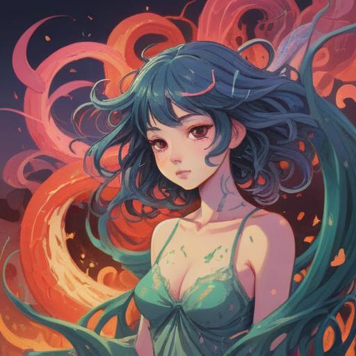 A serene illustration depicting the connection between menstruation and diarrhea, soft ethereal colors, flowing abstract forms representing energy release, symbols of femininity and healing, tranquil environment with lush greenery, calm expression on a woman’s face, integration of nature and spirituality, 4k