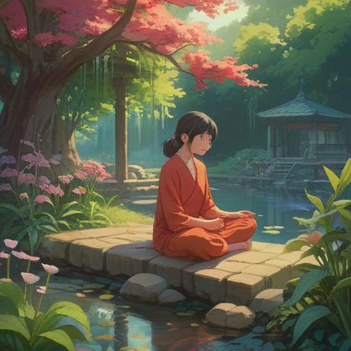 A serene and calming scene depicting a person meditating in a tranquil garden, surrounded by blooming flowers and gentle streams, warm sunlight filtering through the leaves, soft cushions and aromatic candles enhancing the peaceful atmosphere, soothing colors, emphasis on relaxation and self-care, intricate details on the flora, 4k