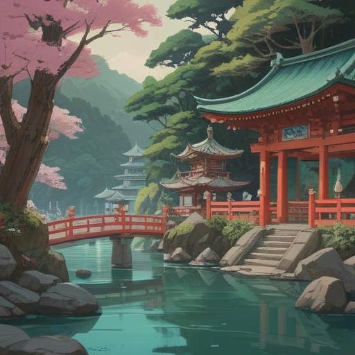 A serene and spiritual illustration of Ikushima Ashizumi Shrine, lush green surroundings, calm waters reflecting the shrine, traditional Japanese architecture, sacred atmosphere, worshippers engaging in prayer, gentle sunlight filtering through trees, ethereal glow, harmonious integration with nature, 4k