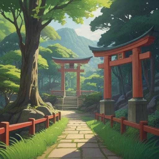 A serene landscape depicting Ikushima Ashizumi Shrine, lush greenery surrounding the shrine, gentle sunlight filtering through the trees, a peaceful river nearby, offering a sense of tranquility and spiritual connection, traditional Shinto architecture, harmonious atmosphere, inviting path leading to the shrine, symbols of good fortune and spirituality, 4k