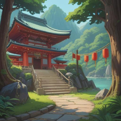 A serene illustration of Ikushima Ashizumi Shrine, tranquil atmosphere, lush greenery surrounding the shrine, subtle spiritual symbols, soft light filtering through the trees, visitors in meditation, a sense of peace and connection with nature, hints of traditional Japanese architecture, capturing the essence of spiritual signs, 4k