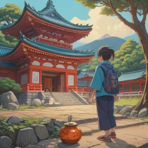A serene illustration of a visitor at Ikushima-Tashima Shrine, holding a lucky stone after the visit, surrounded by lush greenery, traditional Japanese architecture, soft sunlight filtering through the trees, peaceful atmosphere, detailed shrine elements, expression of joy and tranquility, 4k