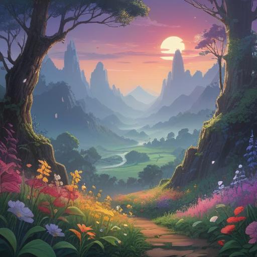 A mysterious and ethereal scene, depicting a serene landscape with a gentle mist, symbols of spirituality emerging from the surroundings, vibrant flowers blooming, a soft glow illuminating the air, a figure meditating peacefully, surrounded by nature, rich colors, 4k