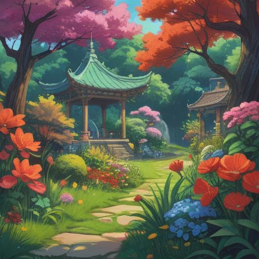 A serene and tranquil scene, a peaceful garden filled with lush greenery, vibrant flowers gently swaying in the breeze, a cozy meditation corner with soft cushions, a clear blue sky above, sunlight filtering through the leaves, a sense of calm and rejuvenation, harmonious balance of nature, inviting space for reflection and relaxation, 4k