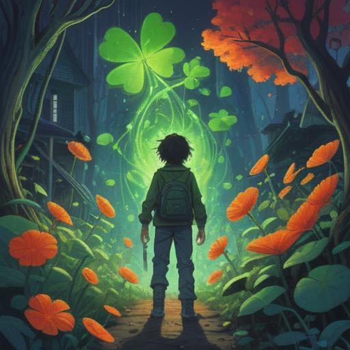 A surreal illustration depicting a person encountering a smelly individual, unexpected luck symbolized by a four-leaf clover in hand, vibrant colors, contrasting expressions of surprise and fortune, dynamic background with swirling aromas, whimsical atmosphere, focused on the tension between unpleasantness and serendipity, 4k