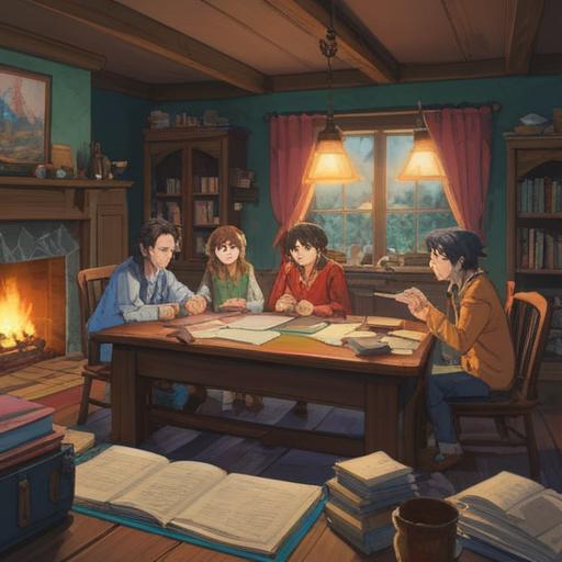 A cozy living room scene, a family gathered around a large table, various papers and documents displaying summaries, friendly discussions and laughter, warm lighting, a sense of togetherness, comfortable furniture, bookshelves filled with books, inviting atmosphere, 4k