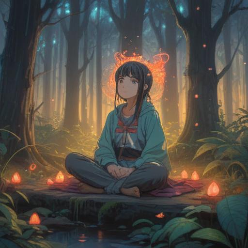 A mystic and eerie scene, depicting a foggy forest with shimmering ethereal lights, spiritual symbols gently glowing, a figure meditating with a calm expression, surrounded by swirling energy, nature intertwined with the supernatural, a sense of ancient wisdom, vibrant flora, ethereal atmosphere, 4k