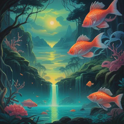 A mystical scene depicting the essence of spiritual signs, a surreal landscape with ethereal glow, vibrant colors, symbolic imagery of fish and water, elements representing nature's energy, intertwining with abstract spiritual motifs, inviting atmosphere, conveying a sense of enlightenment and guidance, 4k