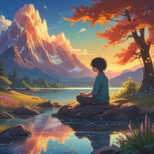 A shimmering crystal glowing with vibrant colors, set against a serene landscape, a person meditating nearby, peaceful expression, rays of light emanating from the crystal, symbolizing a reset of the mind and spirit, lush greenery surrounding, uplifting ambiance, harmonious energy flow, 4k