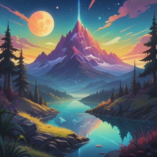 A vibrant illustration of a luminous crystal surrounded by glowing energy, symbolic of personal growth, a serene landscape with gentle hills and a tranquil river, ethereal light filtering through trees, a figure meditating nearby, representing inner peace and transformation, harmonious colors, magical ambiance, 4k