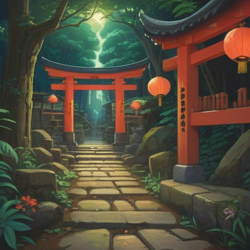 A serene and vibrant illustration of the Ikons of Namatama Inari Shrine, lush green surroundings, glowing torii gates, peaceful atmosphere, people meditating, positive energy in the air, gentle sunlight filtering through leaves, spiritual symbols gently illuminated, uplifting mood, 4k