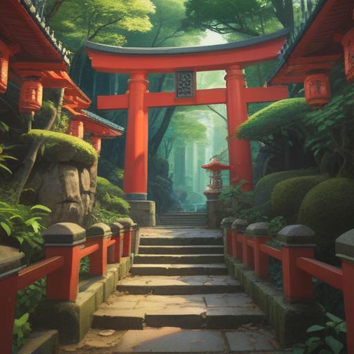 A serene shrine scene at Ikatama Inari Shrine, surrounded by lush greenery, vibrant red torii gates, ethereal light filtering through the trees, spiritual symbols subtly integrated, visitors meditating in tranquility, sense of mindfulness and connection to nature, peaceful atmosphere, 4k