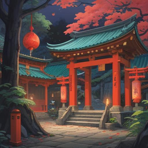 A serene and vibrant illustration of the Ikutama Shrine, featuring a colorful display of lucky items such as omamori, traditional talismans, and vibrant auspicious symbols, surrounded by lush greenery and cherry blossom trees, bright blue sky, visitors interacting joyfully with the shrine, peaceful atmosphere, rich cultural details, 4k
