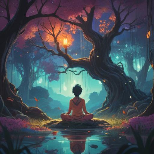 A surreal spiritual scene, a person meditating under a glowing tree, ethereal light surrounding them, symbols of rebirth and transformation in the air, vibrant colors, cosmic energy flowing, a sense of peace and introspection, dreamlike atmosphere, 4k