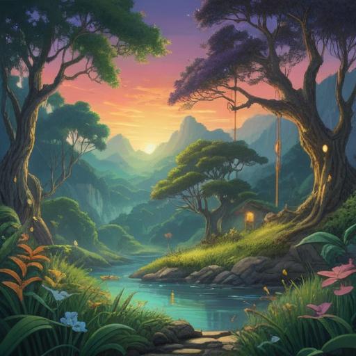 A serene and enchanting illustration depicting the concept of reincarnation, a glowing light symbolizing spiritual awakening, ethereal landscape with lush greenery and gentle streams, peaceful figures meditating under a radiant sky, harmonious connection with nature, vibrant colors that evoke positivity and hope, 4k