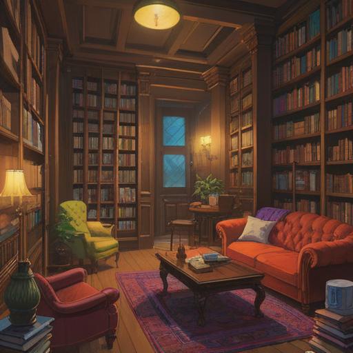 A cozy library scene, warm lighting, books stacked neatly, a table with a steaming cup of tea, soft armchairs, sunlight filtering through large windows, peaceful atmosphere, quiet corner ideal for reading and reflection, 4k