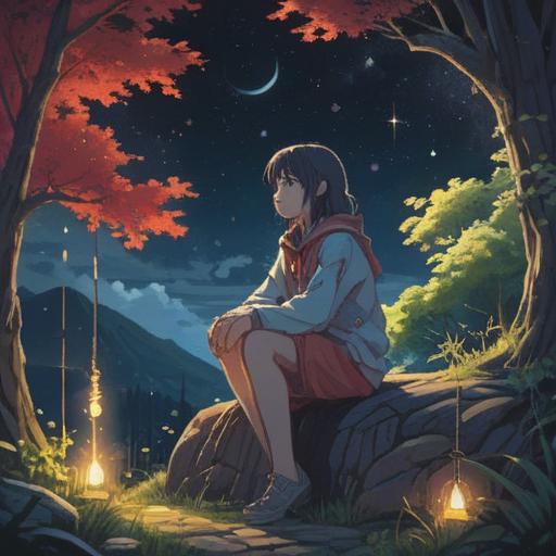 A contemplative scene depicting a figure sitting alone under a starry sky, surrounded by ethereal light, symbols of spiritual awakening, gentle whispers of nature, feelings of melancholy and introspection, signs of transformation, reflections on existence, a sense of connection to the universe, 4k