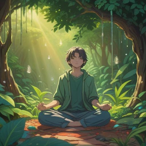 A serene illustration of a person meditating peacefully, surrounded by sparkling crystals, warm sunlight filtering through green leaves, a tranquil garden atmosphere, gentle flowing water nearby, vibrant colors, focusing on inner peace and positivity, uplifting spiritual energy, harmonious and calming visual elements, 4k