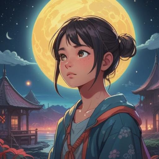 A mystical illustration of a person with birthmarks, glowing softly under the moonlight, surrounded by ethereal symbols representing spirituality, a serene landscape with gentle waves, deep forest in the background, elements of nature reflecting inner energy, peaceful expression on the person's face, 4k