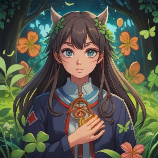 An illustration of a person with a prominent birthmark, surrounded by symbols of luck such as four-leaf clovers, horseshoes, and lucky coins, vibrant colors, cheerful expression, dynamic pose, nature-themed background, sunlight filtering through trees, whimsical and hopeful atmosphere, detailed character portrayal, 4k