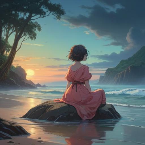 A contemplative and ethereal scene depicting a figure sitting on a quiet shore, gazing at the horizon, surrounded by misty waves, soft light filtering through clouds, illustrating introspection and the weight of existential thoughts, serene yet heavy atmosphere, symbolic elements like scattered feathers and glowing orbs, 4k