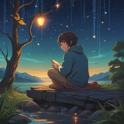 A serene and introspective scene, a figure sitting alone under a starry sky, surrounded by ethereal lights representing spiritual signs, a calm lake reflecting the stars, soft glowing orbs symbolizing hope and guidance, tranquil forest in the background, deep emotional expression, peaceful yet contemplative atmosphere, 4k