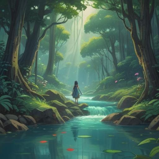 A serene and mystical landscape, a gentle river flowing through lush greenery, ethereal light illuminating a wise figure, surrounded by nature's beauty, symbolic elements like butterflies and blooming flowers, conveying hope and transformation, peaceful atmosphere, soft focus, 4k